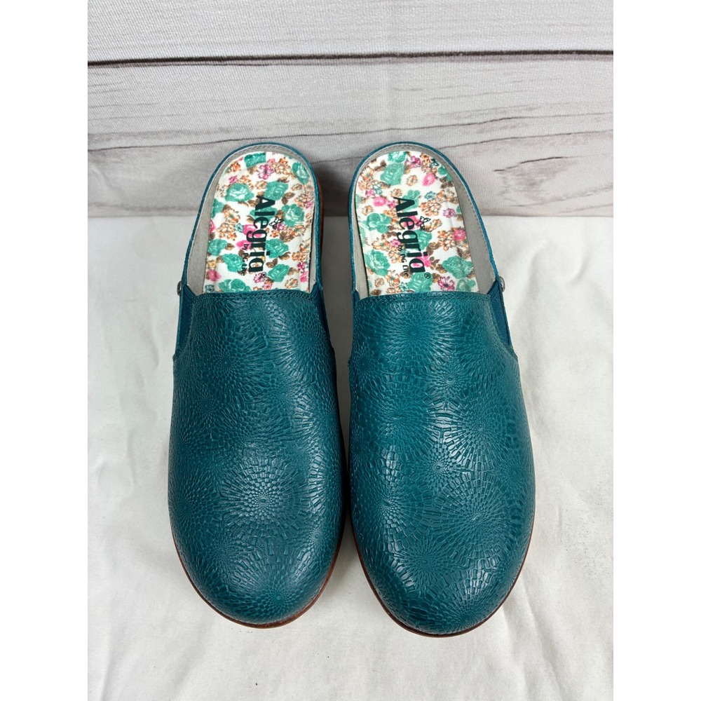 Alegria PG Lite Women Teal Leather Textured Clogs Mules Wedge Floral SER-7529 39